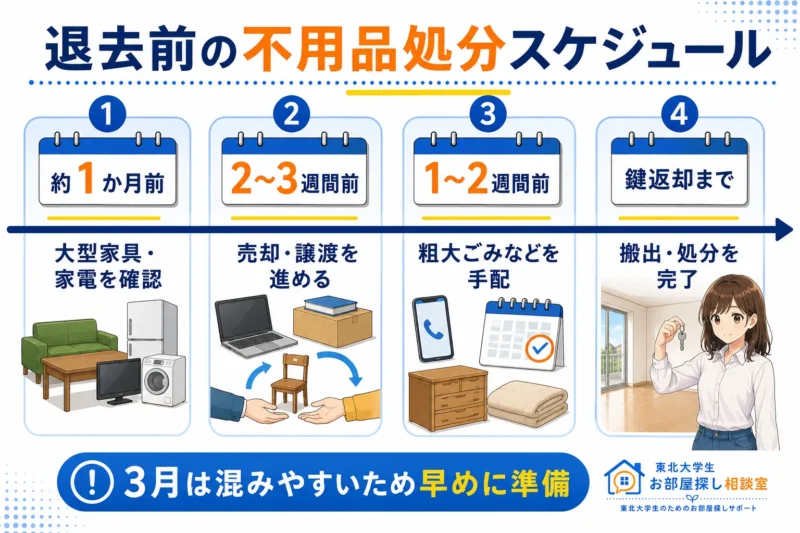 退去1か月前から鍵返却までの不用品処分スケジュール