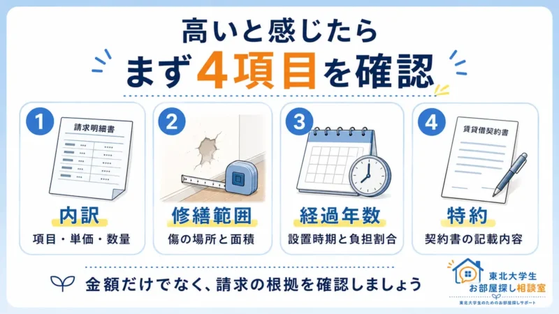 退去費用が高いと感じたときに確認する内訳・修繕範囲・経過年数・特約の4項目