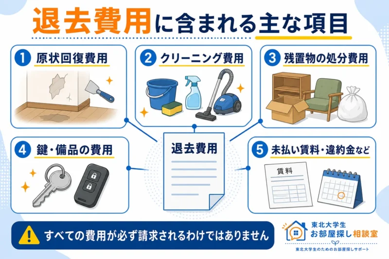 賃貸住宅の退去費用に含まれる主な5つの項目を示した図