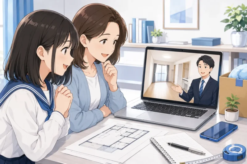 オンラインで部屋を探す親子