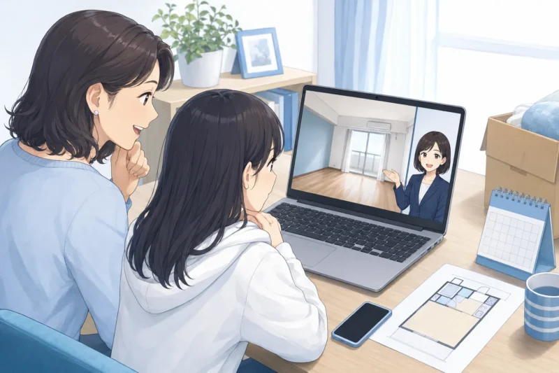 遠方に住む東北大学の新入生と母親がオンライン内見で1Kの室内を確認している様子
