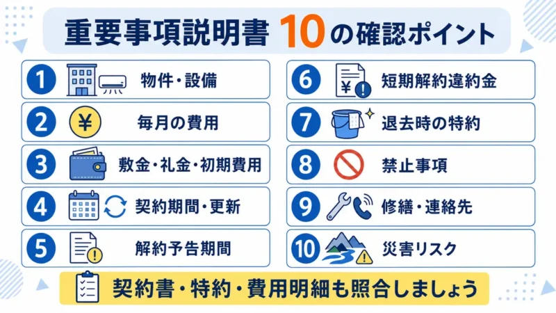 重要事項説明書と関連書類で確認したい物件・費用・更新・解約・特約・禁止事項・修繕・災害リスクの10項目