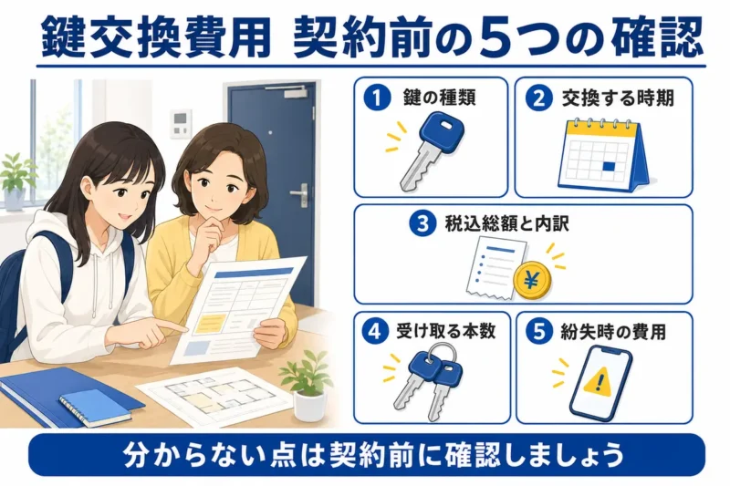 大学生と保護者が鍵の種類、交換時期、税込総額、受け取る本数、紛失時の費用を確認する図
