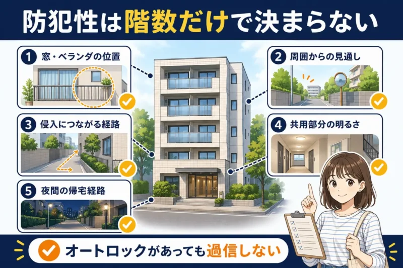 賃貸物件の防犯性を確認する窓・ベランダ、周囲の見通し、侵入経路、共用部分、夜間の帰宅経路の5項目