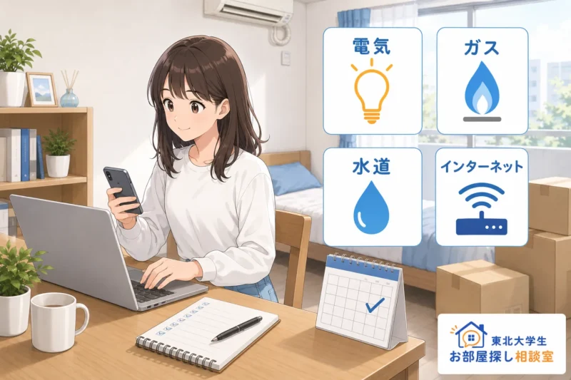 電気・ガス・水道・インターネットの停止手続きをする女子学生
