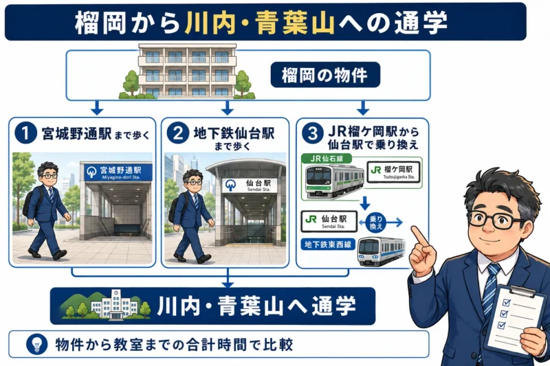 榴岡から宮城野通駅・地下鉄仙台駅・JR榴ケ岡駅を利用して川内・青葉山へ通学する方法