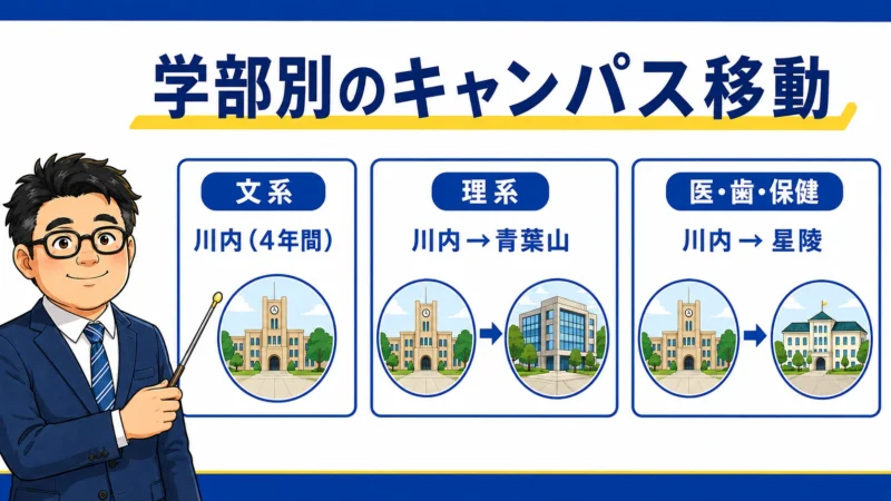 東北大学の文系・理系・医歯保健系における学部別キャンパス移動