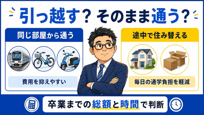 キャンパス移動後に同じ部屋から通う場合と途中で住み替える場合の比較