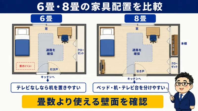 6畳と8畳にベッド・勉強机・テレビ台を置いた家具配置の比較図