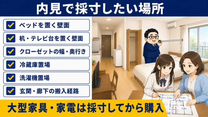 内見時にベッド・机・収納・冷蔵庫・洗濯機置場を採寸するチェックリスト