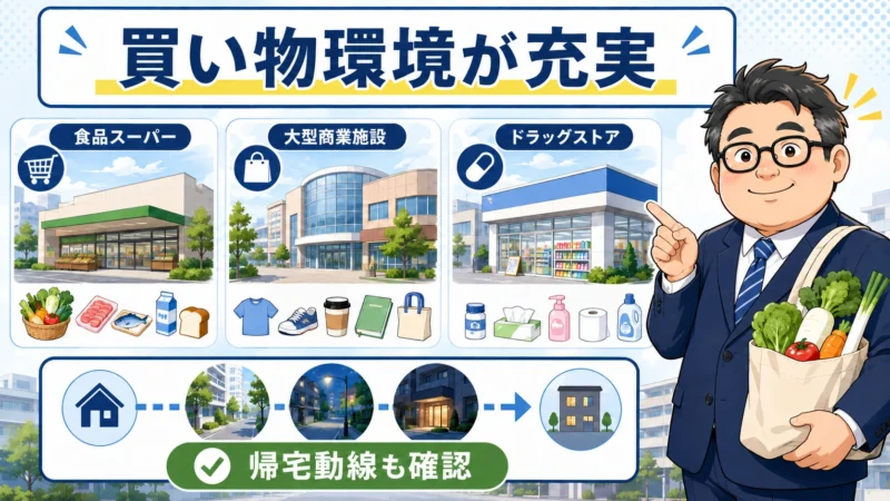 大和町・卸町で利用できるスーパーマーケット・大型商業施設・ドラッグストアを示すイラスト