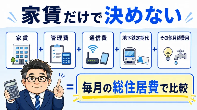 家賃・管理費・インターネット料金・地下鉄定期代を合計して住居費を比較する図