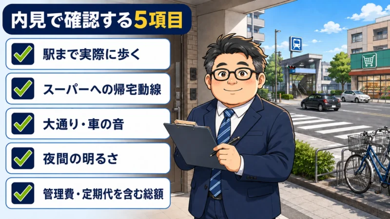駅までの徒歩時間・買い物動線・車の音・夜間の明るさ・月額総額を確認する内見チェックリスト