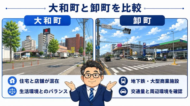 西友大和町店周辺の大和町と大和町4丁目交差点周辺の卸町を比較したイラスト