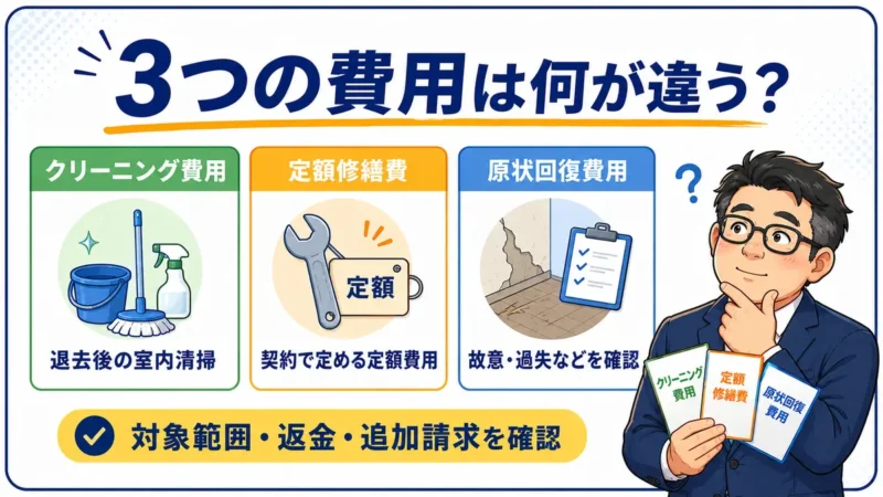 クリーニング費用・定額修繕費・原状回復費用の意味と確認事項を比較した図