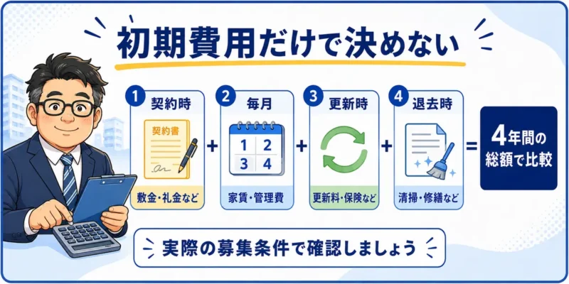 敷金・礼金、家賃・管理費、更新費用、退去費用を含めて4年間の総額を比較する図