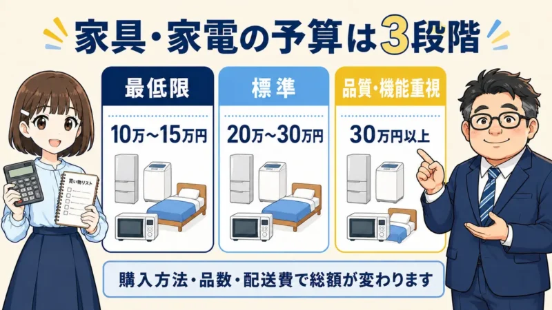 家具・家電の予算を最低限10万~15万円、標準20万~30万円、品質・機能重視30万円以上で比較する図