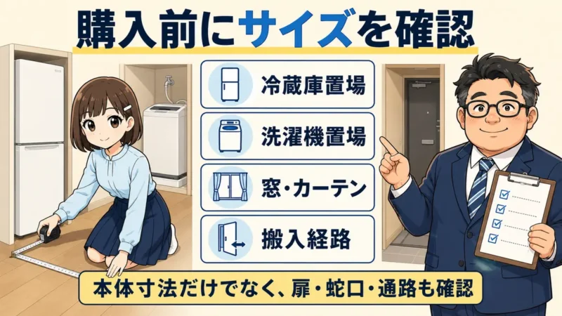 家具・家電購入前に冷蔵庫置場、洗濯機置場、窓とカーテン、搬入経路を採寸するポイントを説明する図