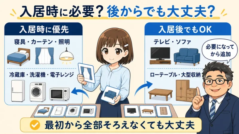 寝具、カーテン、照明、冷蔵庫、洗濯機、電子レンジを入居時に優先し、テレビ、ソファ、ローテーブル、大型収納は入居後でもよいと説明する図