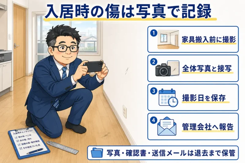 家具を搬入する前の賃貸住宅で、室内の傷をスマートフォンで撮影するめがね