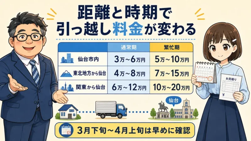 仙台市内、東北地方、関東から仙台への引っ越し料金を通常期と繁忙期で比較した表