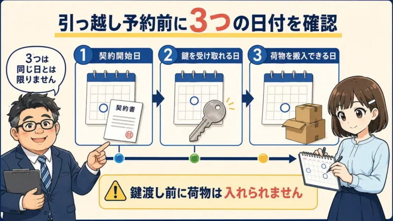 引っ越し予約前に契約開始日、鍵を受け取れる日、荷物を搬入できる日の3つを確認する図