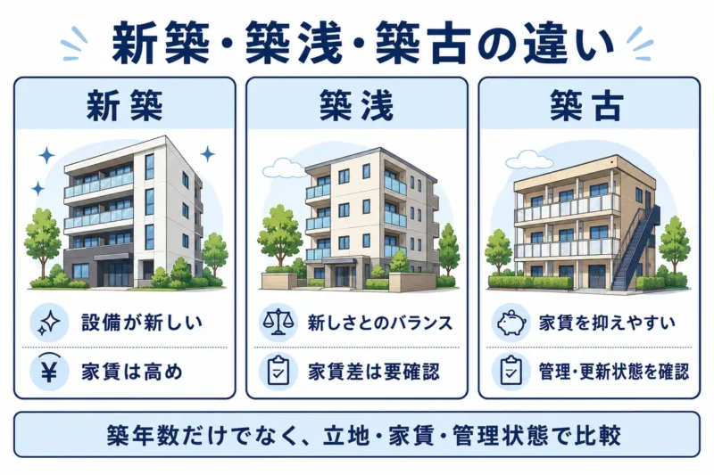 新築・築浅・築古の家賃・設備・管理状態の違いを比較した図