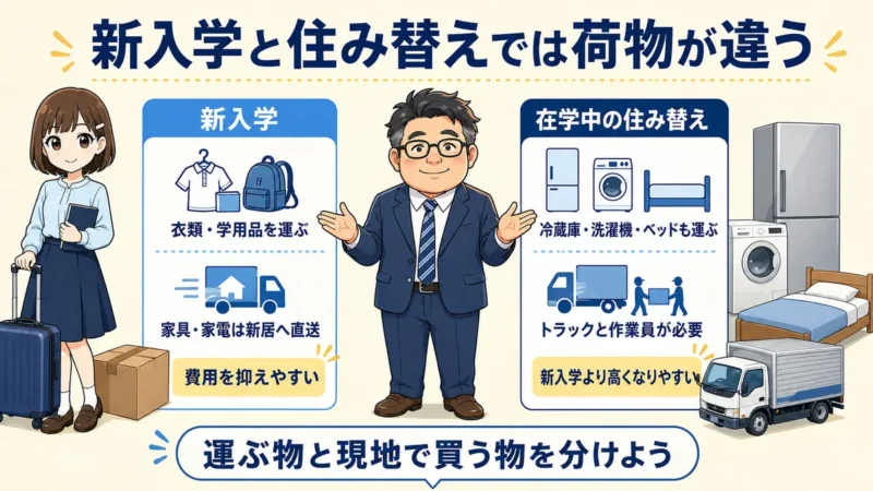 新入学は衣類と学用品を運び家具・家電を新居へ直送し、住み替えでは冷蔵庫・洗濯機・ベッドも運ぶ違いを示す図