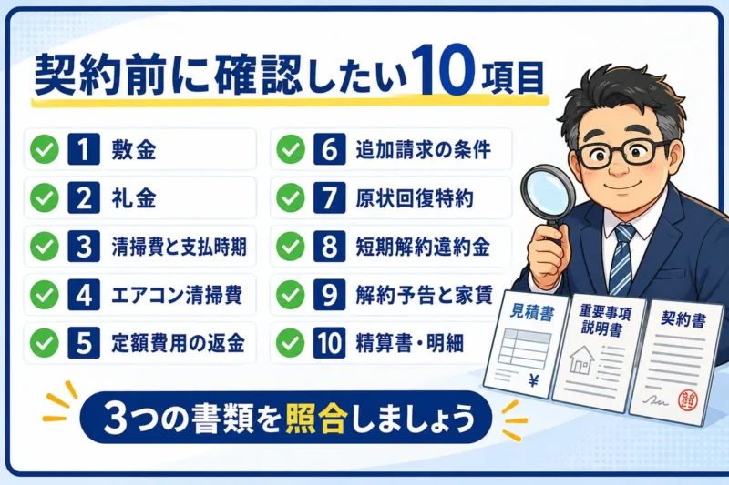 敷金なし物件の契約前に確認したい敷金・清掃費・定額費用・追加請求・違約金など10項目