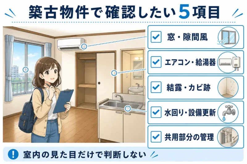 築古物件で窓・設備・結露・水回り・共用部分を確認する学生のイラスト