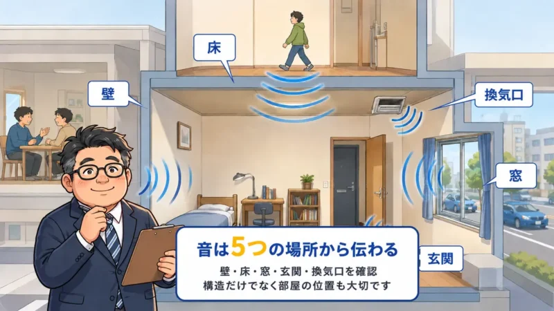 賃貸の壁・床・窓・玄関・換気口から音が伝わる経路を示した図