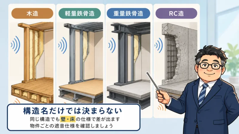 木造・軽量鉄骨造・重量鉄骨造・RC造の壁と床の違いを比較した図