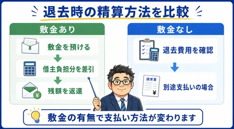 敷金ありは借主負担分を差し引いて残額を返還し、敷金なしは退去費用を別途支払う場合があることを比較した図