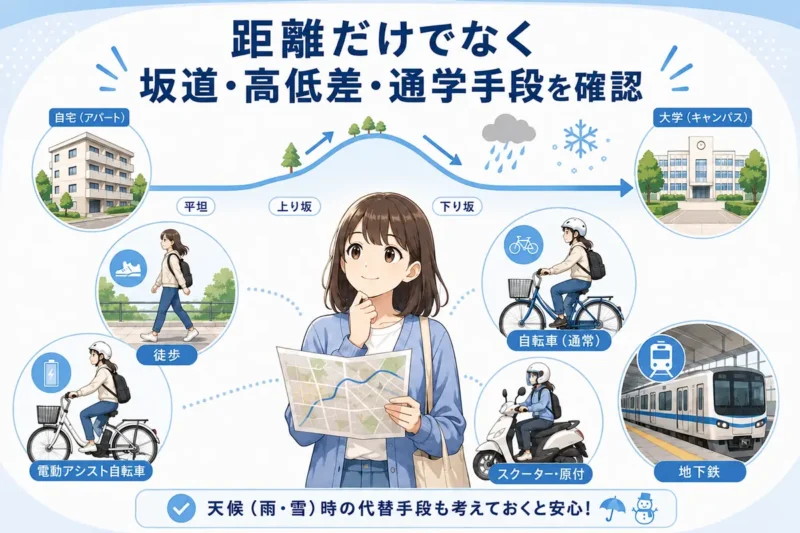 東北大学周辺の部屋探しで坂道と高低差、徒歩、自転車、電動アシスト自転車、原付、地下鉄を比較する図