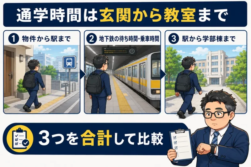 物件から駅、電車の待ち時間と乗車時間、駅から学部棟までの通学時間を合計する考え方