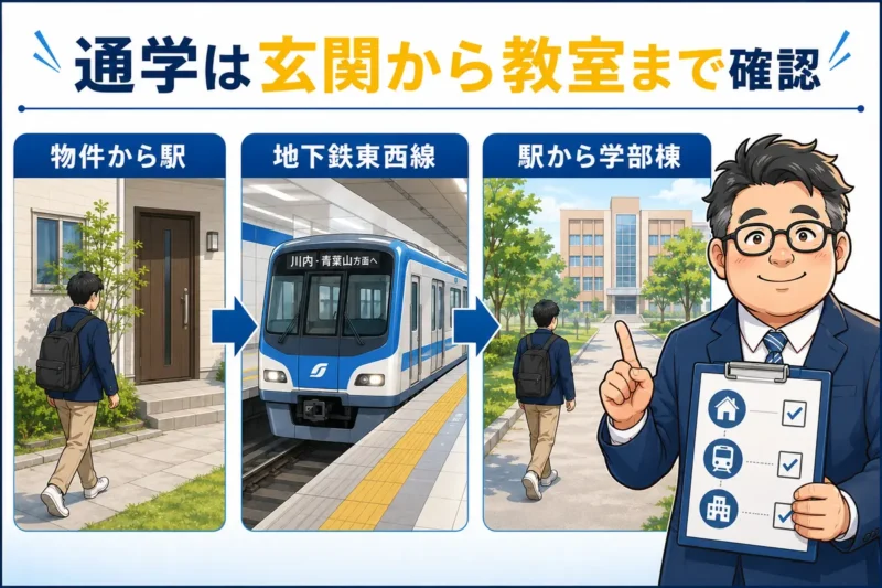 物件から駅、地下鉄東西線、駅から学部棟までの通学動線を示すイラスト
