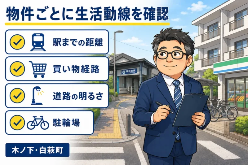 木ノ下・白萩町で駅距離や買い物経路、道路、駐輪場を確認するめがねのイラスト
