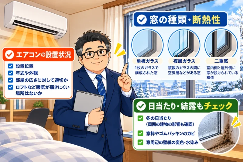 めがねがアパートのエアコンの設置状況、窓の断熱性、日当たり、結露の確認ポイントを説明するイラスト