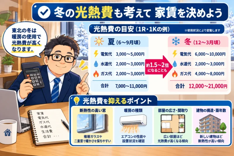 めがねが夏と冬の光熱費を比較し、暖房設備や窓の断熱性を考えたアパート選びを説明するイラスト