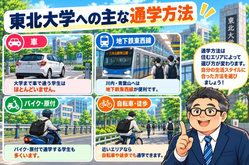 東北大学への地下鉄・バイク・原付・自転車・徒歩による通学方法