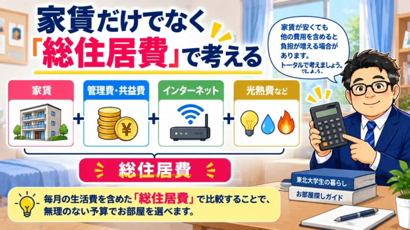 家賃だけでなく管理費やインターネット費用などを含めた総住居費で比較