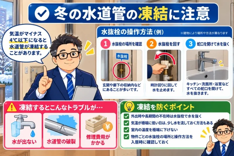 めがねが冬の水道管凍結の危険性と水抜栓の場所、操作方法、長期不在時の注意点を説明するイラスト