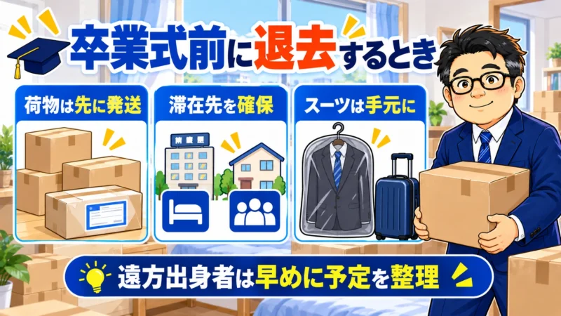 卒業式前に退去する東北大学生が荷物の発送、滞在先、スーツを準備する様子