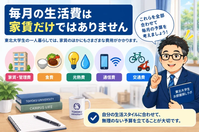 東北大学生の一人暮らしにかかる家賃・食費・光熱費・通信費・交通費