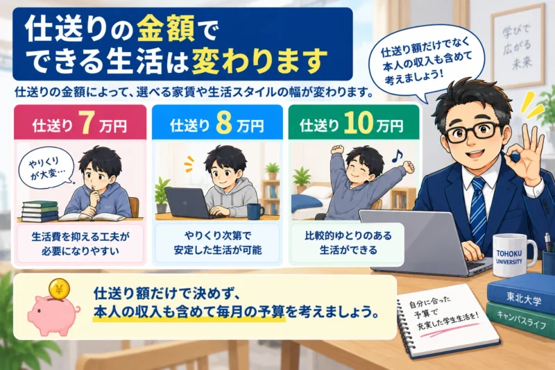 東北大学生の仕送り7万円・8万円・10万円による生活費の違い