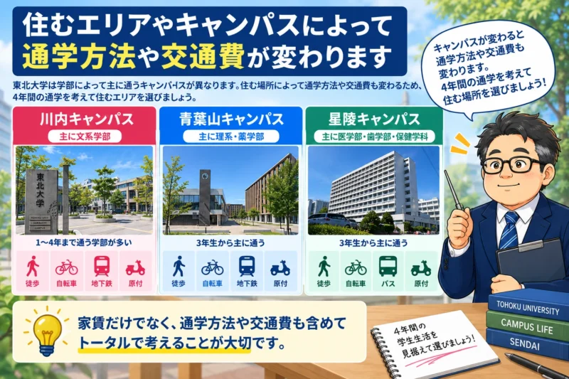 東北大学の川内・青葉山・星陵キャンパスと住むエリアによる通学方法と交通費の違い