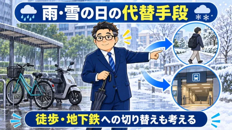 雨や雪の日に自転車や原付から徒歩・地下鉄へ切り替える通学方法を説明するめがね