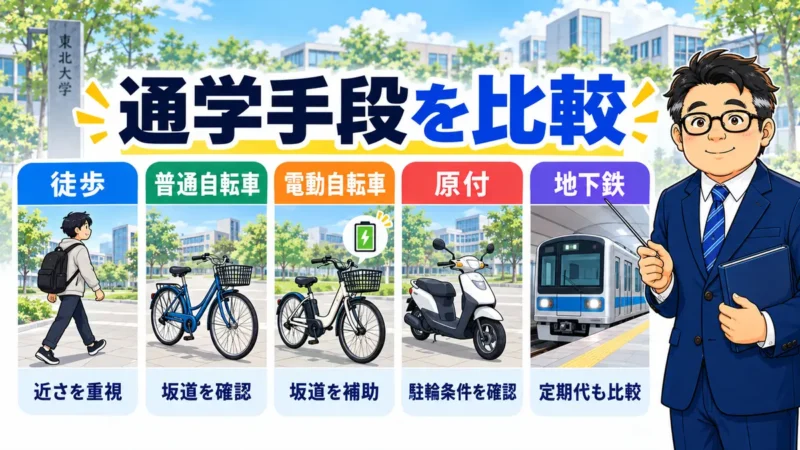 東北大学生の通学手段として徒歩・普通自転車・電動自転車・原付・地下鉄を比較した図
