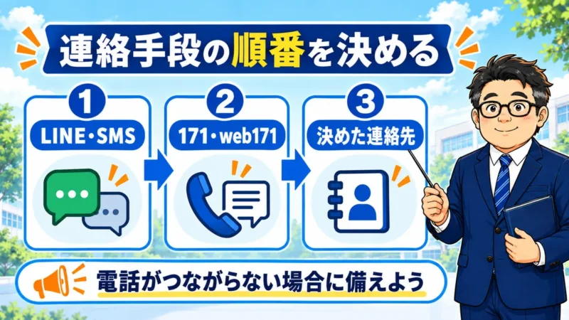 LINE・SMS、171・web171、決めた連絡先の順番を示す図