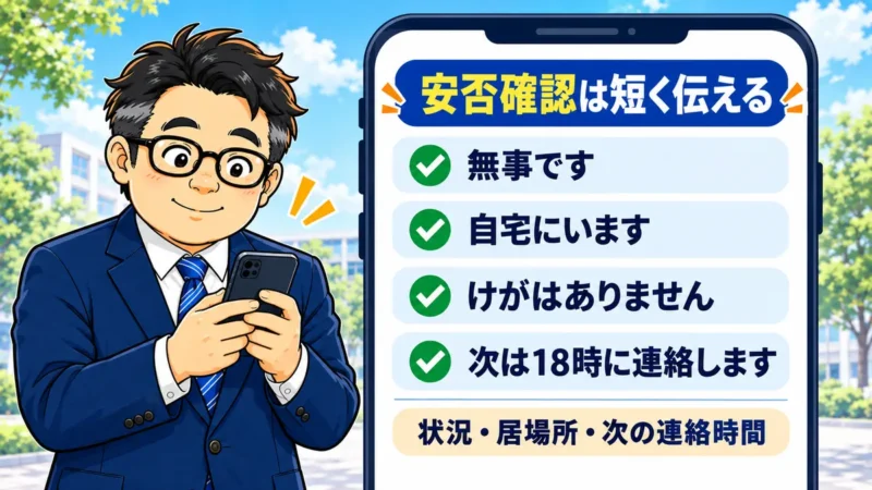 無事・居場所・けがの有無・次の連絡時間を短く伝える例